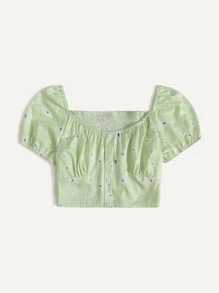 Áo sơ mi nữ Dải chun Nút giả Họa tiết hoa Boho - Màu xanh chanh - Xem 1