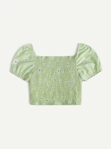 Áo sơ mi nữ Dải chun Nút giả Họa tiết hoa Boho - Màu xanh chanh - Xem 2