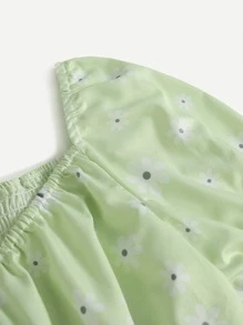 Áo sơ mi nữ Dải chun Nút giả Họa tiết hoa Boho - Màu xanh chanh - Xem 3