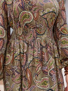 Rusttydustty 佩斯利印花腰部打褶荷葉邊飄逸下擺長連衣裙不附腰帶 - 彩色 - 查看 7