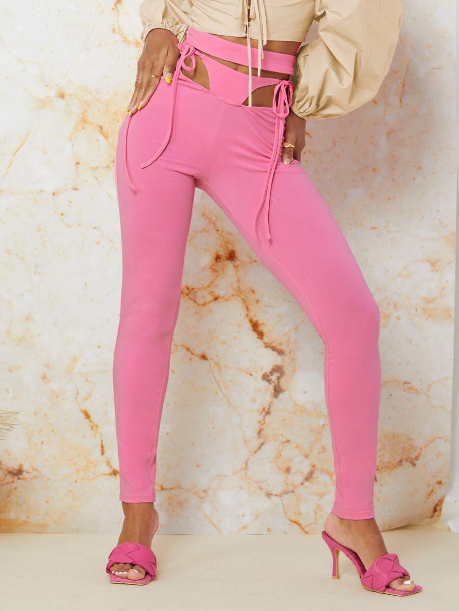 SHEIN Knot Front Cutout Skinny Trousers - Hot Pink - View 1