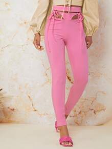 SHEIN Knot Front Cutout Skinny Trousers - Hot Pink - View 3