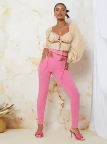 SHEIN Knot Front Cutout Skinny Trousers - Hot Pink - View 4