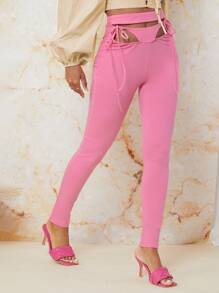 SHEIN Knot Front Cutout Skinny Trousers - Hot Pink - View 5