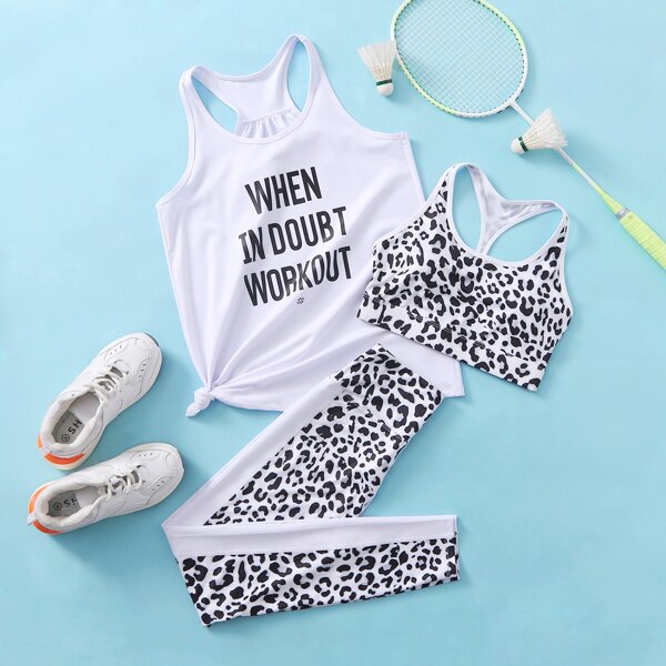 

3pcs Sports Bra & Slogan Graphic Tank Top & Leggings, Multicolor