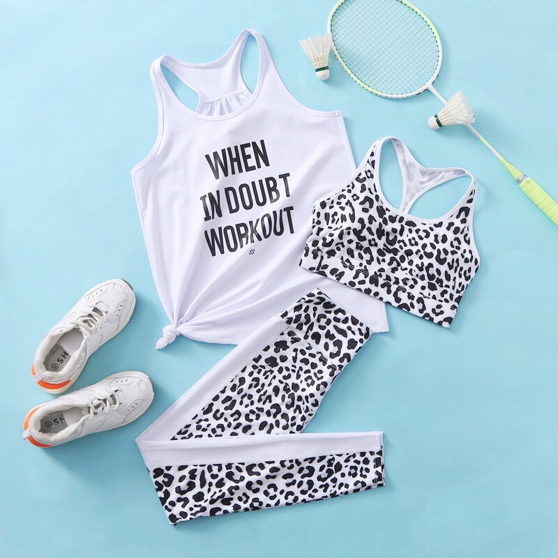 

3pcs Sports Bra & Slogan Graphic Tank Top & Leggings, Multicolor