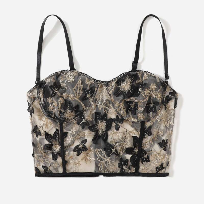 

Floral Embroidered Mesh Longline Bralette, Multicolor
