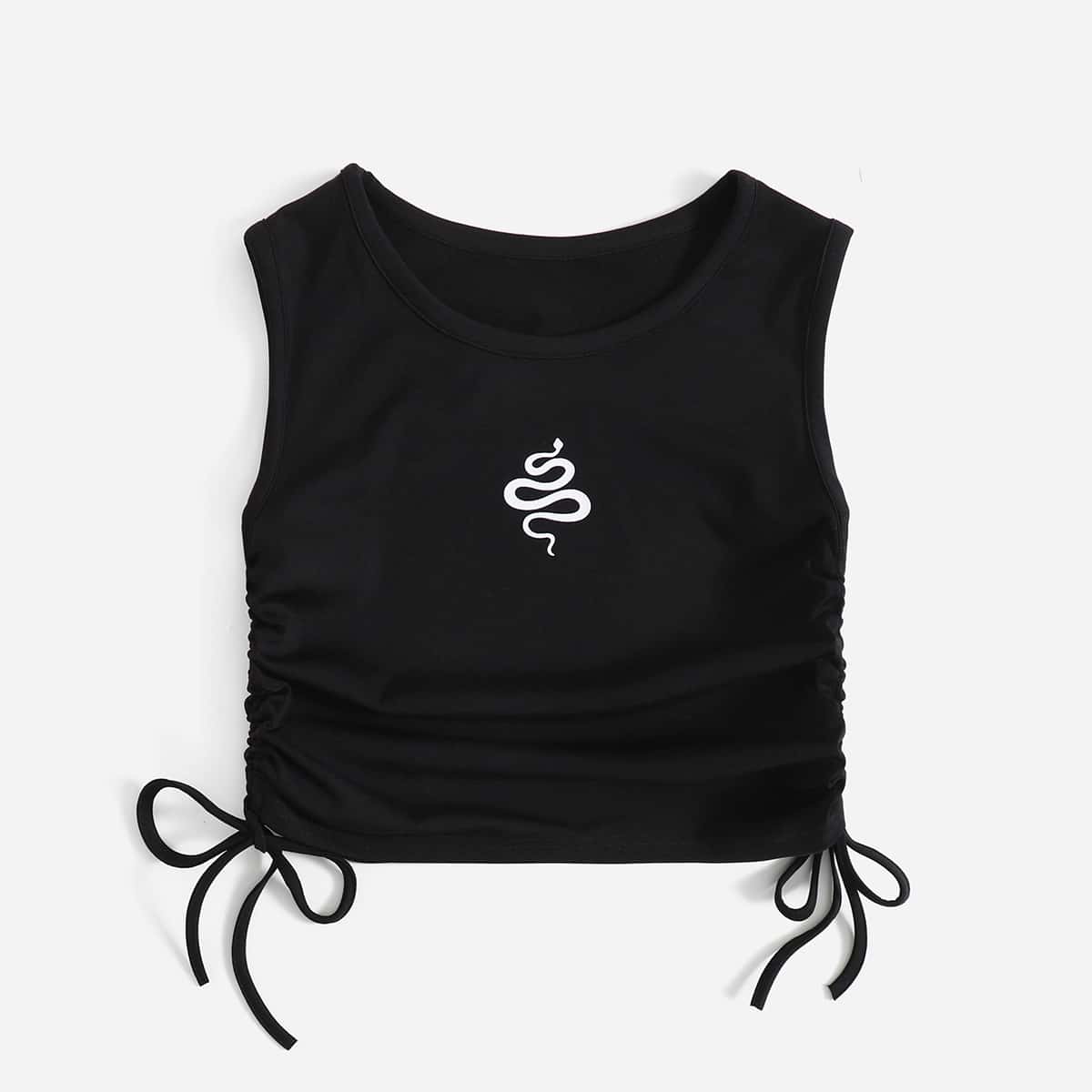 

Snake Graphic Drawstring Ruched Tank Top, Black