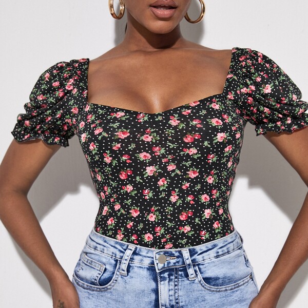 

Sweetheart Neck Ruffle Cuff Puff Sleeve Top, Multicolor