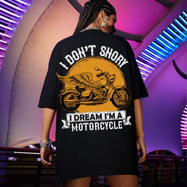 

Drop Shoulder Slogan & Motorcycle Print Tee, Black