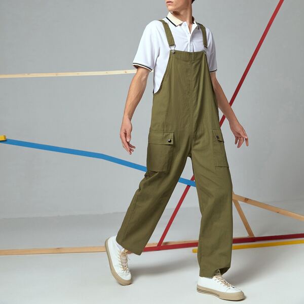 

Men Flap Pocket Side Overalls, Army green