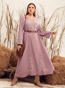Mulvari Plus Floral Embroidery Dress Without Belt - Dusty Pink - View 1