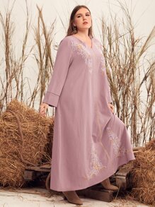 Mulvari Plus Floral Embroidery Dress Without Belt - Dusty Pink - View 3