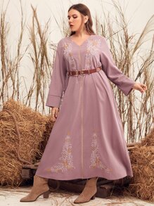 Mulvari Plus Floral Embroidery Dress Without Belt - Dusty Pink - View 4