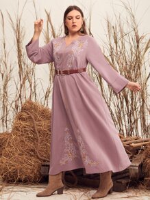 Mulvari Plus Floral Embroidery Dress Without Belt - Dusty Pink - View 5