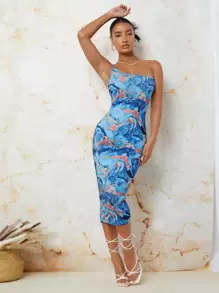 SHEIN One Shoulder Marble Print Dress - Multicolor - View 1