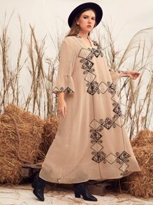 Mulvari Plus Embroidery  Flounce Sleeve Notch Neck Dress - Dusty Pink - View 1