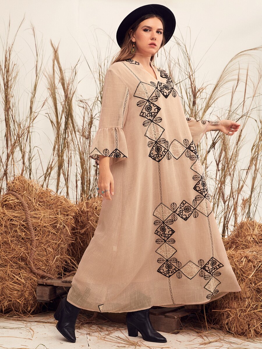 Mulvari Plus Embroidery  Flounce Sleeve Notch Neck Dress - Dusty Pink - View 1