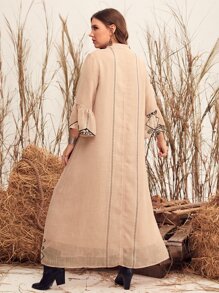 Mulvari Plus Embroidery  Flounce Sleeve Notch Neck Dress - Dusty Pink - View 2