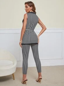 Modelyn Houndstooth Print Belted Vest & Trousers - Black and White - View 2