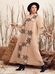 Mulvari Plus Embroidery  Flounce Sleeve Notch Neck Dress - Dusty Pink - View 4