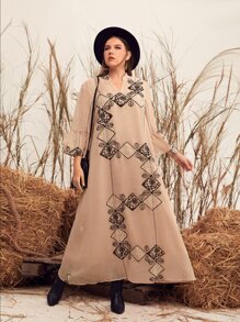 Mulvari Plus Embroidery  Flounce Sleeve Notch Neck Dress - Dusty Pink - View 5