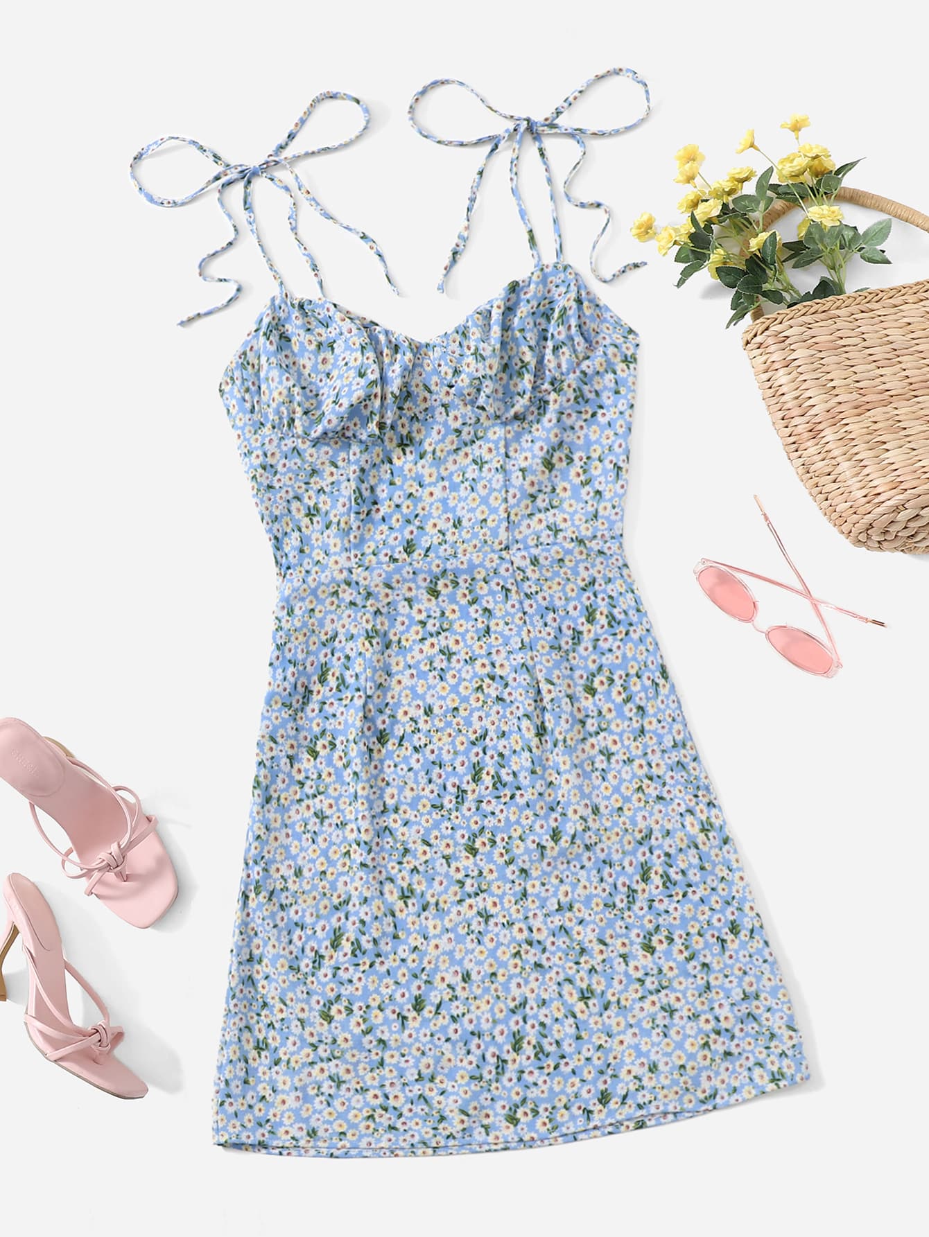 Soleia Knotted Shoulder Ruched Bust Ditsy Floral Cami Dress - Blue - View 1