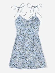 Soleia Knotted Shoulder Ruched Bust Ditsy Floral Cami Dress - Blue - View 2