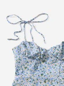 Soleia Knotted Shoulder Ruched Bust Ditsy Floral Cami Dress - Blue - View 3