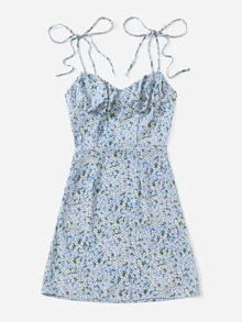 Soleia Knotted Shoulder Ruched Bust Ditsy Floral Cami Dress - Blue - View 5