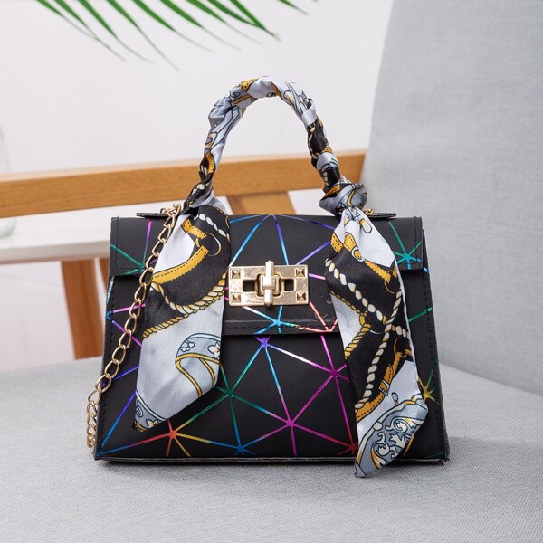 

Twilly Scarf Decor Geo Graphic Satchel Bag, Black