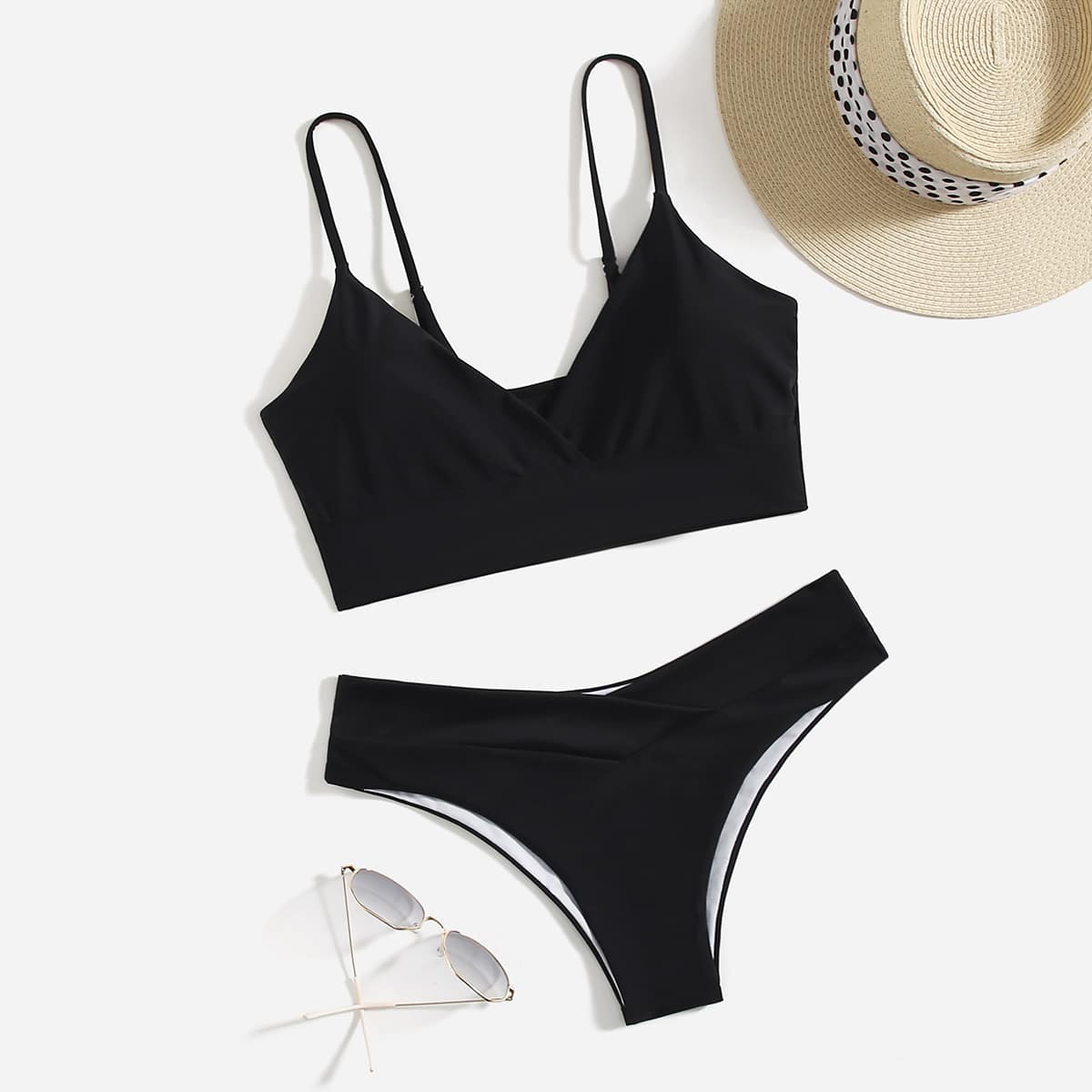 

Solid Wrap Bikini Swimsuit, Black