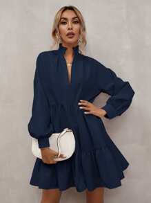 SHEIN Privé Notch Neck Smock Dress - Navy Blue - View 1