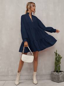 SHEIN Privé Notch Neck Smock Dress - Navy Blue - View 3