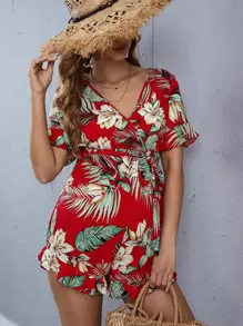 SHEIN Maternidad mono con cinturón ribete con fruncido con estampado tropical - Rojo - Ver 1