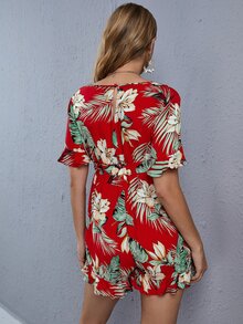 SHEIN Maternidad mono con cinturón ribete con fruncido con estampado tropical - Rojo - Ver 2