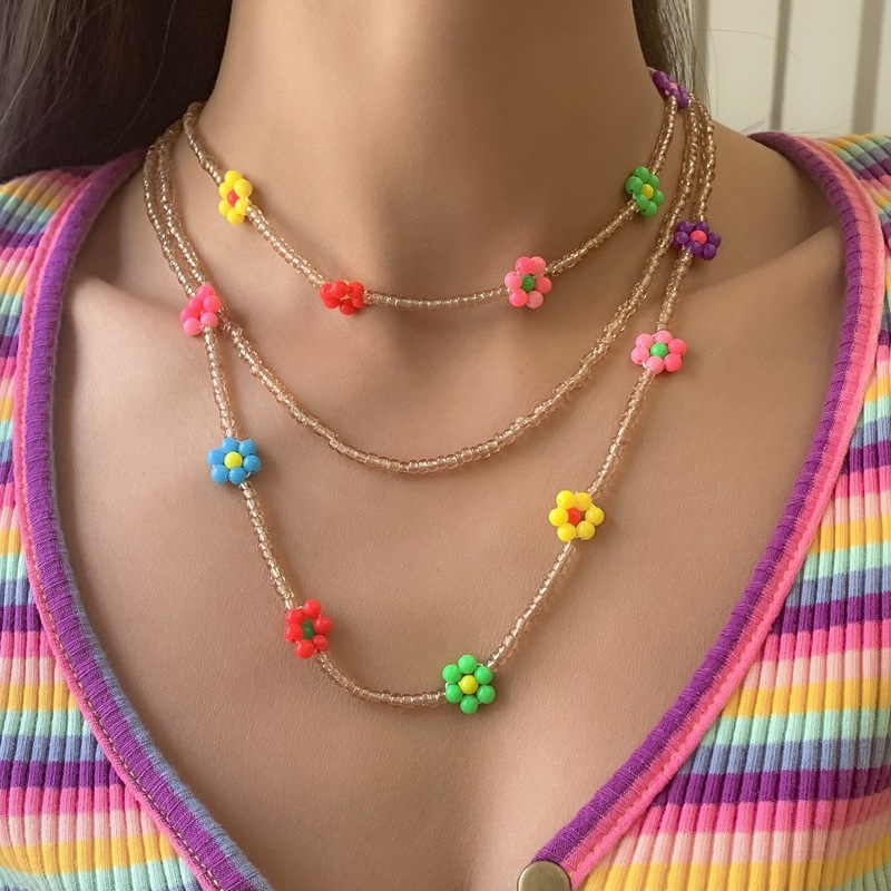 

3pcs Floral Beaded Necklace, Multicolor