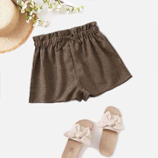 

Teen Girls Paperbag Waist Solid Shorts, Brown