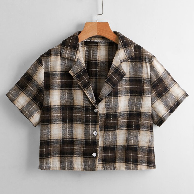 

Plaid Button Front Crop Blouse, Multicolor