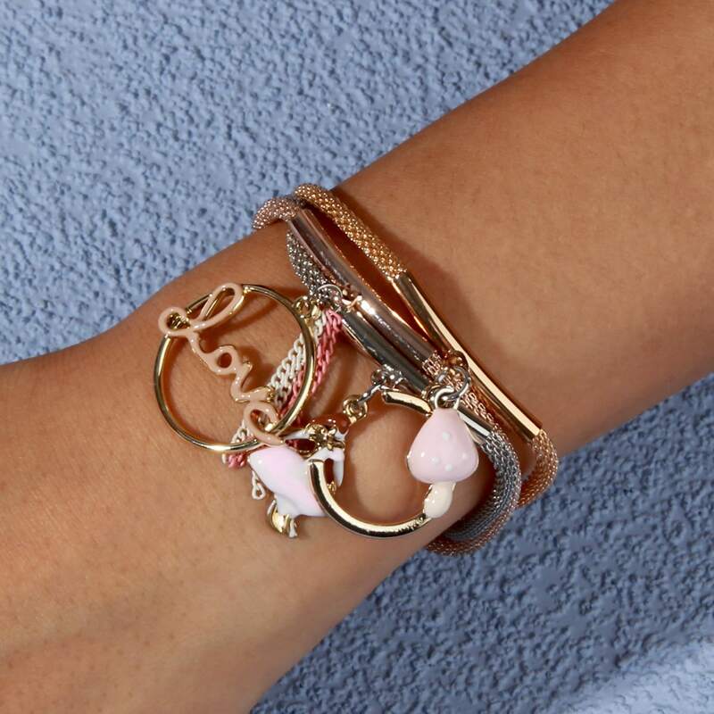 

1pc Geo Charm Layered Bracelet, Pink