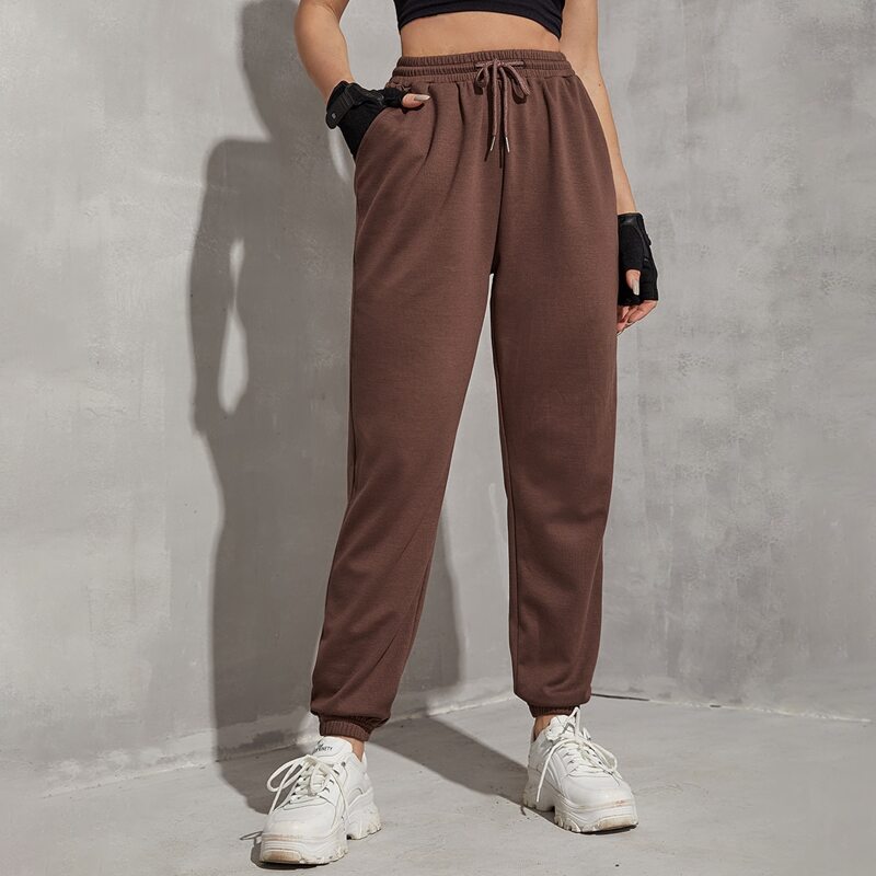 

Drawstring Waist Solid Sports Pants, Chocolate brown