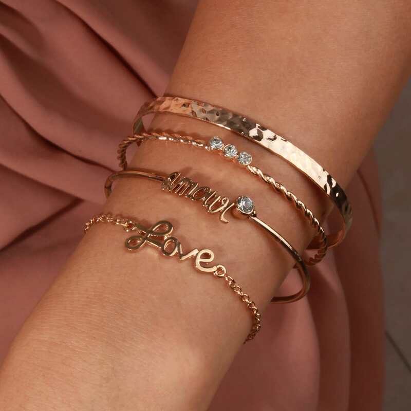 

4pcs Letter Design Bracelet, Gold