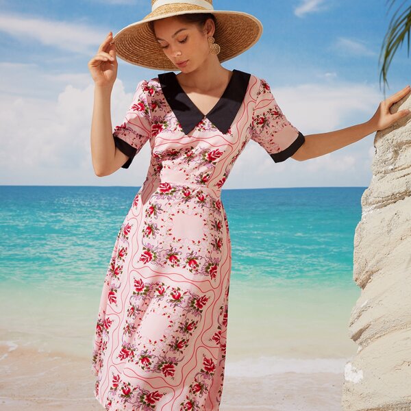 

Peter Pan Collar Floral Print Dress, Baby pink