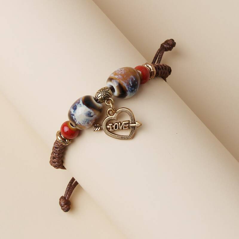 

Heart Charm Beaded Bracelet, Coffee brown
