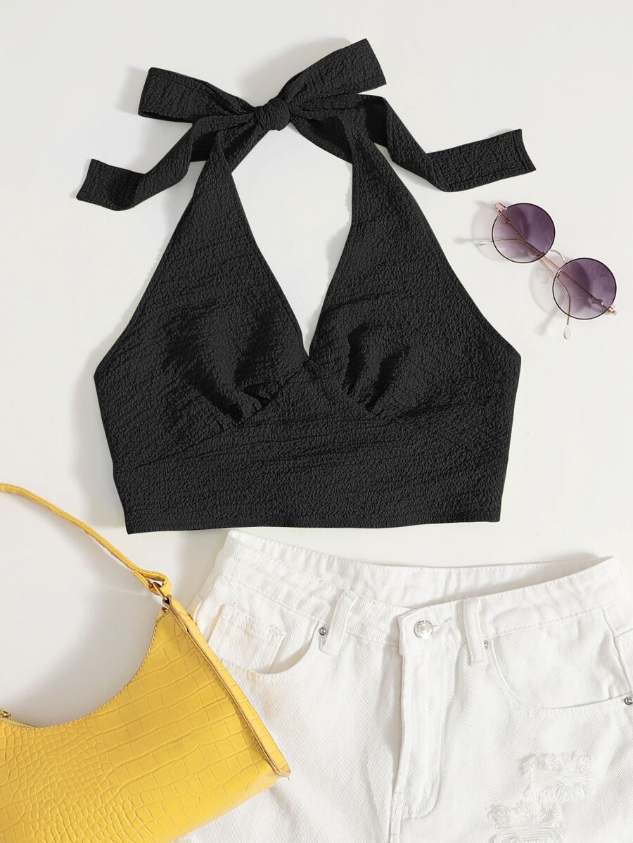 SHEIN EZwear Áo hai dây Lộ Lưng Buộc lại màu trơn Boho - màu đen - Xem 1