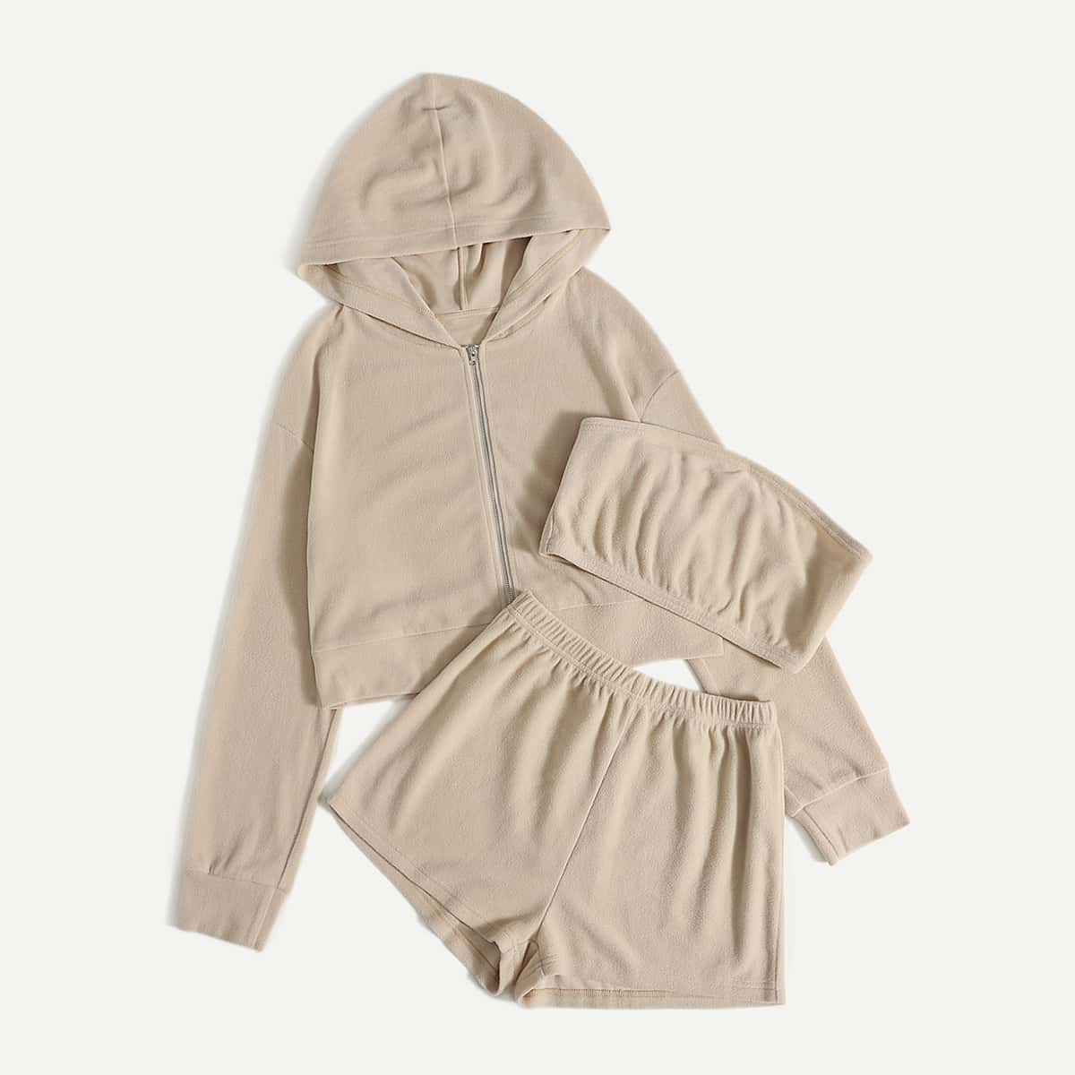 

Solid Zipper Hoodie & Tube Top & Shorts, Beige