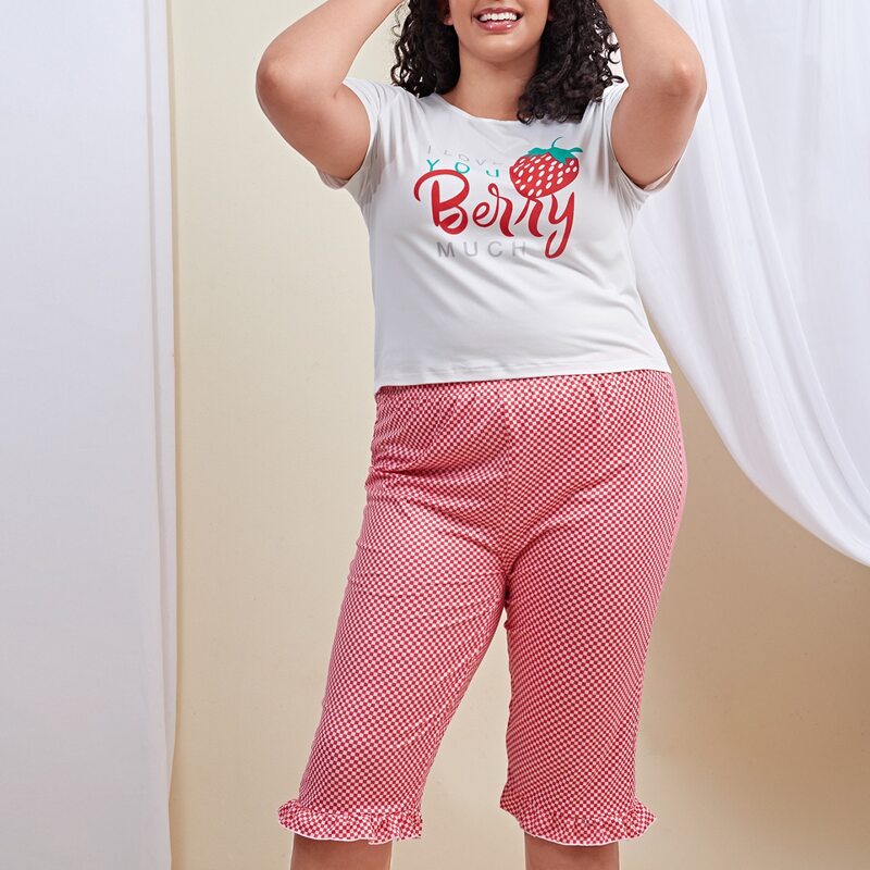 

Plus Strawberry And Letter Graphic PJ Set, Red and white
