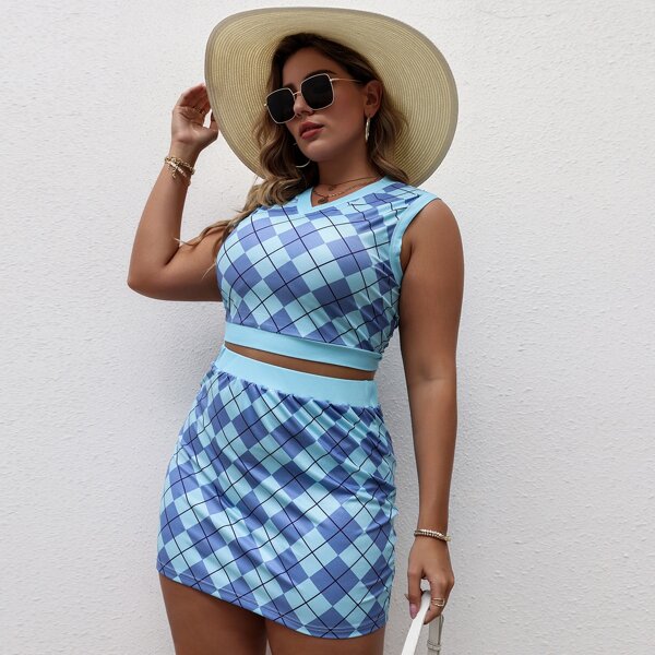 

Plus Argyle Print Tank Top & Skirt, Multicolor