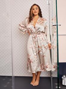 Plus Floral Self Tie Satin Robe - Khaki - View 1