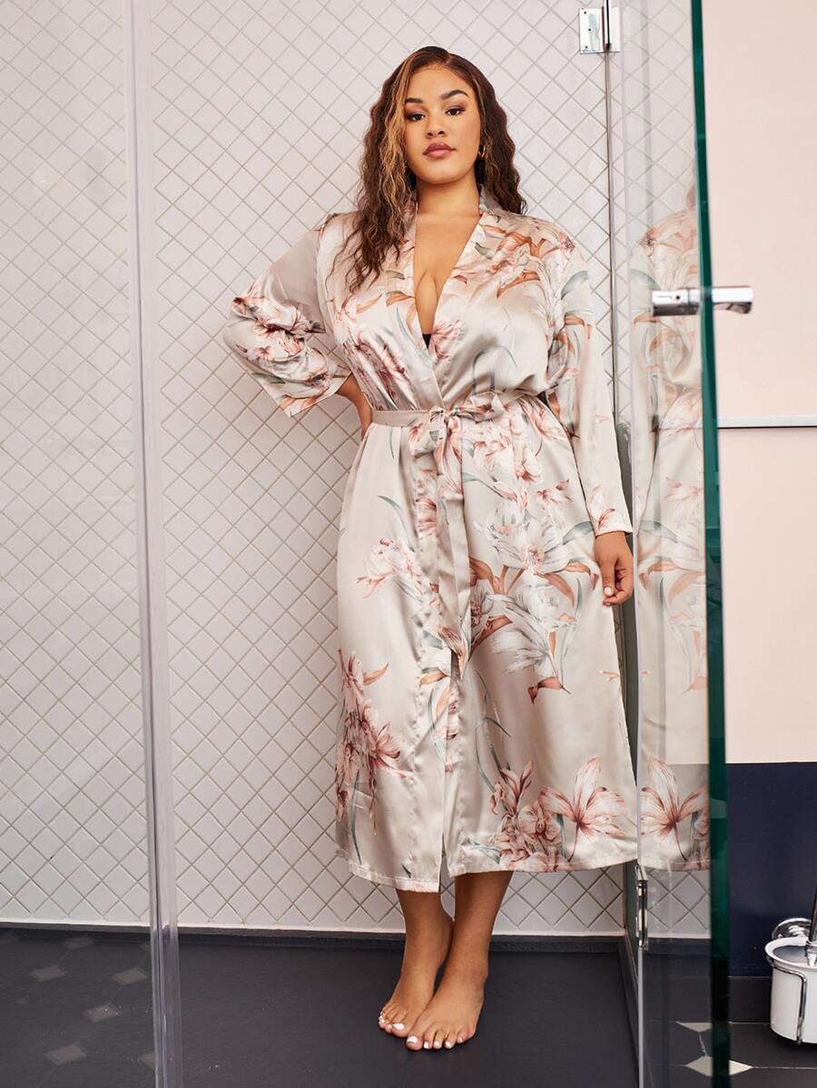 Plus Floral Self Tie Satin Robe - Khaki - View 1